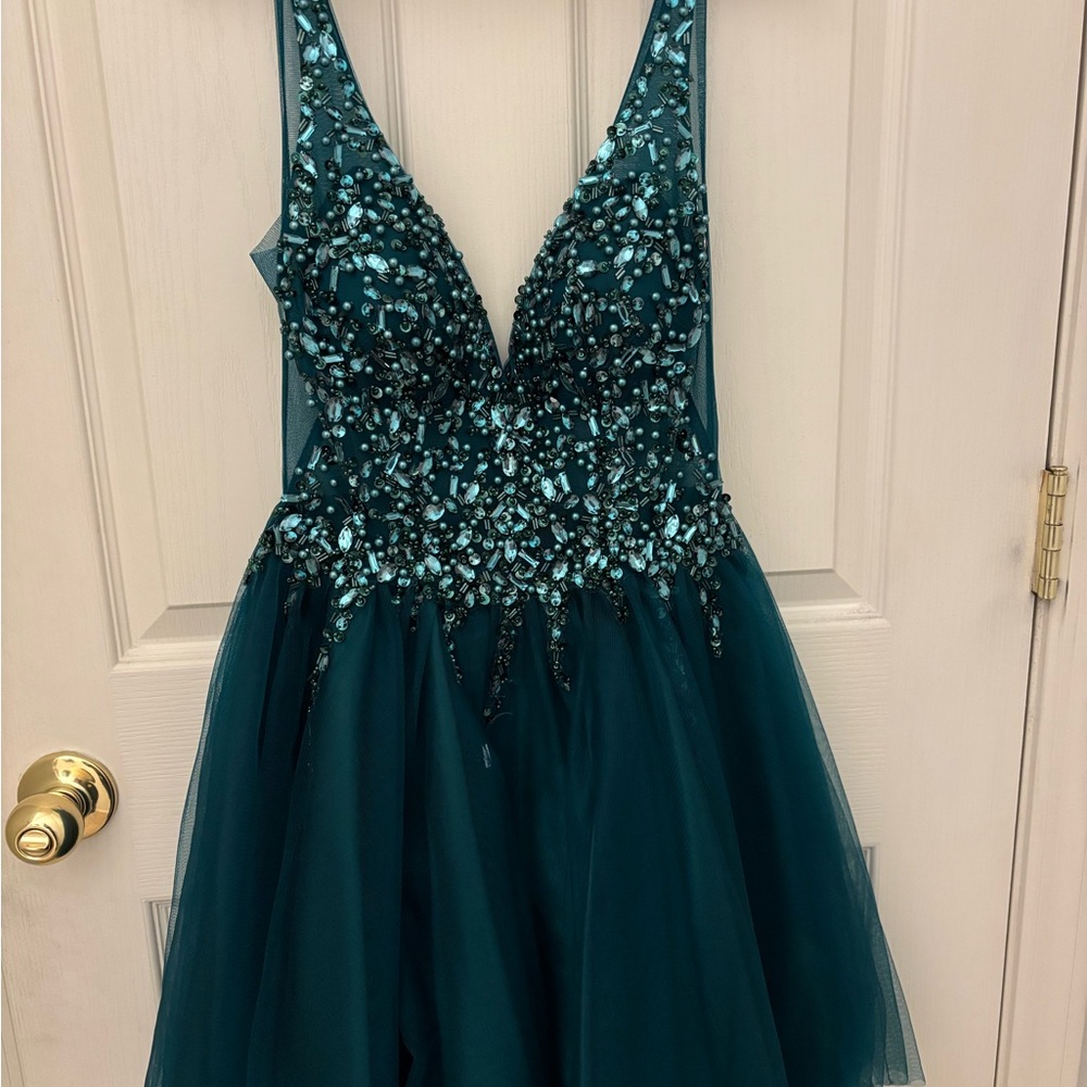 Elegant Teal Embellished Mini Dress